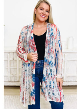 Women's Origami White Red Blue Geo Print Lace Cardigan L